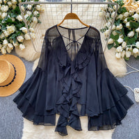 Ruffled Trim Single-Breasted Flared Sleeve Womens Chiffon Blouse