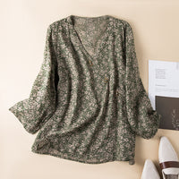 Spring New Linen V-neck Floral Retro Literary Shirt Women