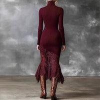 Turtleneck Knit Dress With A Lace Hema Sophisticated Mid-length Skirt
