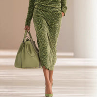 Womens Sporty Leopard-print Stand-collar Long-sleeve Top And Skirt Two-piece Set