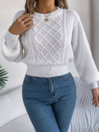 Solid Color Cable Knit Lantern Sleeve Cinched Pullover Sweater