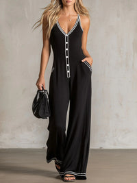 Womens V-Neck Casual Loose Backless Wide-Leg Jumpsuit