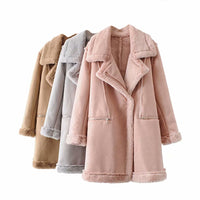 Women's Winter Suede Leather Jacket Motorcycle WomenThicken Lambswool Fur Long Leather Coat Female  Warm Outerwear Womens