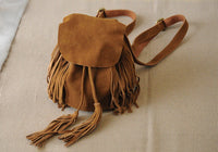 Matte Cowhide Suede Tassel Drawstring Backpack