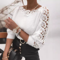 Elegant Boat-neck Lace Stitching Sleeve Knitted Sweater