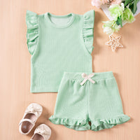 Girls' Summer Suits Solid Color Casual Flounced Sleeve Shorts