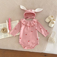 Ruffled Collar Bottom-covering Rompers Newborn 0-2 Years Old Cherry Print Long Sleeve Jumpsuit