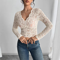 Solid Color Sexy Lace V-neck Long Sleeve T-shirt
