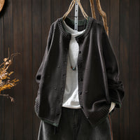 Women's Cardigan Sweater Coat Color Block Cotton Thread Knitting Retro Casual