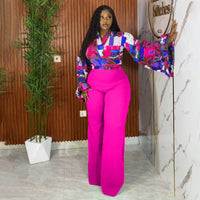 Plus-size Printed Flared-sleeve Top And Wide-leg Pants Two-piece Set