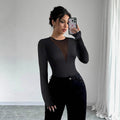 New Womens Sexy Front-chest Mesh-panel Hollow-out Long-sleeve Top