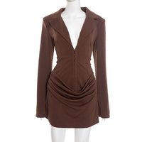 Deep V-neck Notched Collar Pleated Mini Defined Waistline Dress For Women