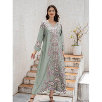 Muslim Women's Wear Robe Printing Hot Bead V-neck Turned Cuff Dress