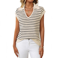 Women's V-neck Knitted Top Casual Striped Collar Sweater