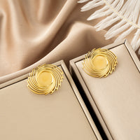 Oval Stainless Steel Earrings, Trendy Geometric Heart Texture, 18K Gold Plated Ear Studs, Titanium Steel