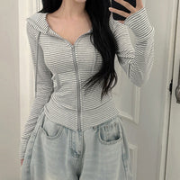 Striped Hoodie Coat Pocket Stitching Zipper Cardigan