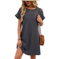 Solid-color Crewneck Lace-panel Loose-fit Short-sleeve Dress