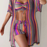 Womens Three-piece Striped Bikini Swimsuit Set