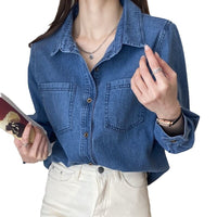Deep Blue Vintage Straight-Shoulder Hong Kong-Style Soft Denim Shirt