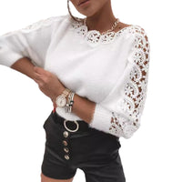 Elegant Boat-neck Lace Stitching Sleeve Knitted Sweater