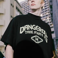 Men's Brushed Wide Version Small Turtleneck Imitation Tape Printed T-shirt