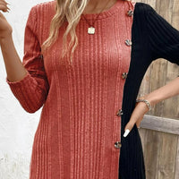 Solid Color Round Neck Sunken Stripe Brushed Slit Contrast Color Fashion Buttons