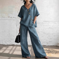 Casual Vacation Loose Cotton-Linen V-Neck Wide-Leg Pants Two-Piece Set