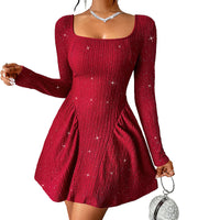 Women's Clothing Long Sleeve Square-neck Dress