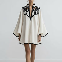 Loose-fitting Color-block V-neck Fashion Dress With Lace Trim