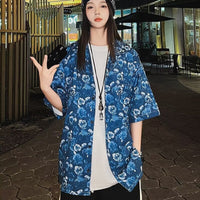 Thai-style Cuban Collar Floral Print Short Sleeve Shirt