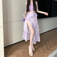Summer Elegant Printed Chiffon Skirt One-Piece Lace-Up Apron