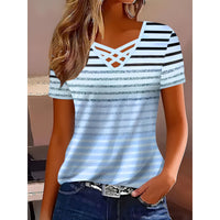 Fashionable V-neck Trendy Printed Cross-strap Striped Short Sleeves