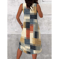 Womens Casual Versatile V-Neck Sleeveless Colorblock Dress