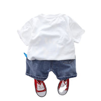 Dinosaur Round Neck Short Sleeve Cotton T-shirt Denim Shorts Suit