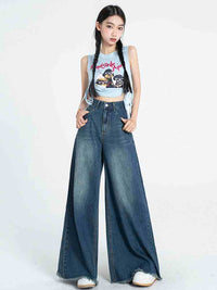 Black And Gray Rough-edge Wide-leg Shorts Mop Jeans