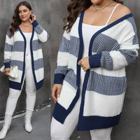 Contrast Color Striped Stitching Woven Casual Sweater Coat
