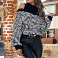 Women's Mid-collar Striped Off-the-shoulder Knitted Sweater