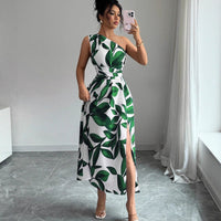 Womens Printed Off-the-Shoulder Slit Dress