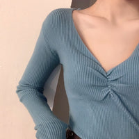 Pleated V-neck Knitted Bottoming Shirt Long Sleeve Sweater