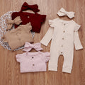 Solid Color Round Neck Long Sleeve Button Hair Band One-piece Romper