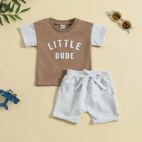Children's Round Neck Letter Print Top Solid Color Shorts Two-piece Set