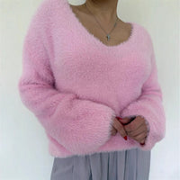 Womens Solid-Colored Long-Sleeve V-Neck Faux Mink Velvet Knit Sweater
