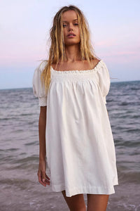 Solid-color Short-sleeve Loose-fit Pleated Square-neck Cotton Dress