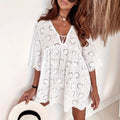 Womens Casual Loose Embroidered Sheer Lace-Trimmed Shirt Dress