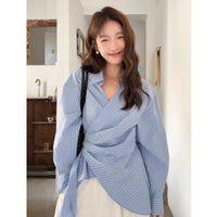 Korean-style Designer Belted Striped Shirt With A Cinched Waist