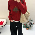 Womens Christmas Tree-Print Thermal Lace-Patchwork Sweater Preppy-Style Pullover Sweater