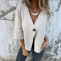Casual Women's V-neck Cotton And Linen Solid Color ShirtT-shirt