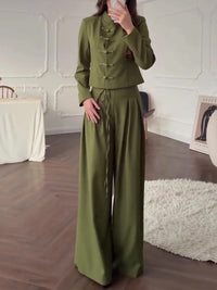 Mandarin Collar Knot Crop Top & Drawstring Wide Leg Pants 2-Piece Set