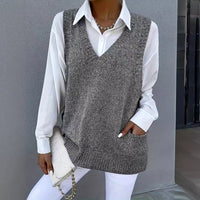 Women's Loose V-neck Double Pocket Knitted Sleeveless Sweater Waistcoat