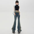 High-waist Design Feeling And Raw Hem Waistband Vintage Flared Trousers